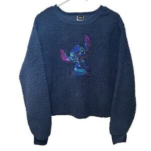 Disney Crewneck Lilo & Stitch Sequin Nubby Fleece Faux Sherpa Navy Youth‎ 12